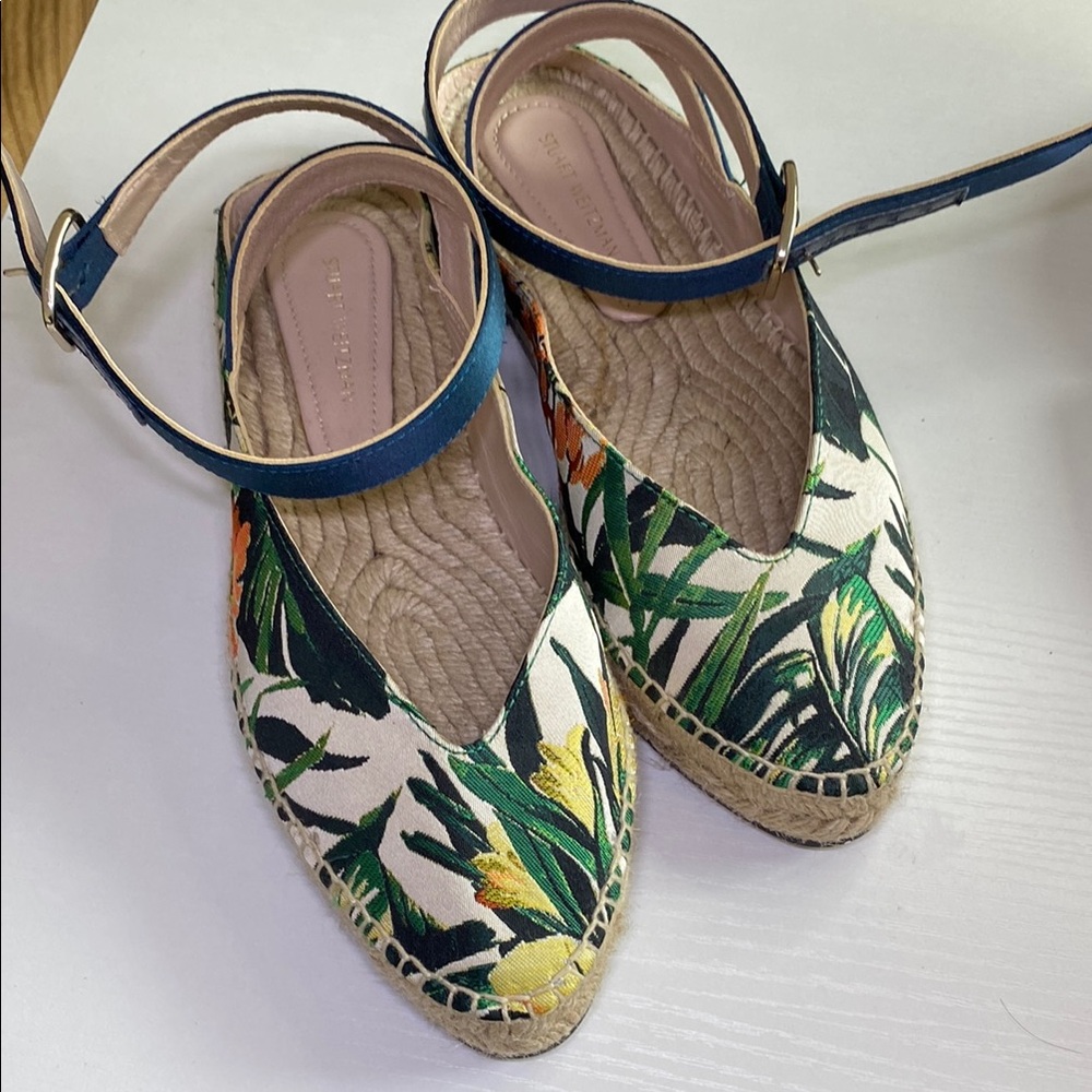 Stuart Weitzman Green and Yellow Espadrilles with Tropical Print